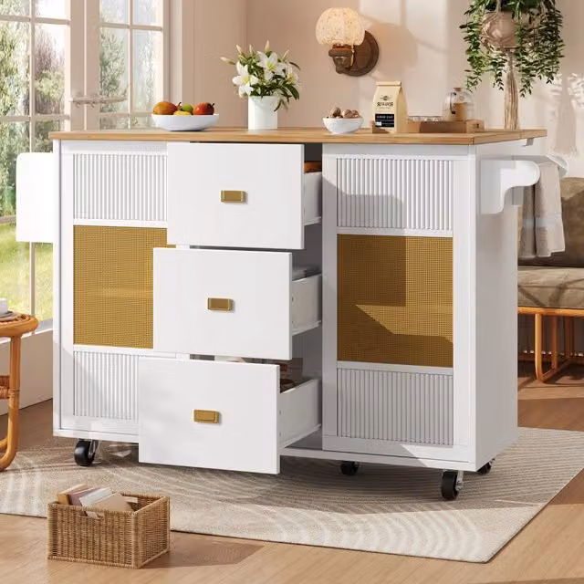 Isola Cucina con Ruote e Ripiani MINIMAL Bianco L: 120 cm, P: 73 cm, H: 90 cm