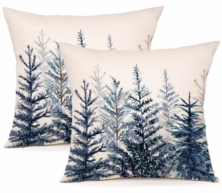 Cuscini decorativi natalizi, 40x40 cm, set da 2, motivo albero di Natale dipinto ad acquerello, tessuto misto lino