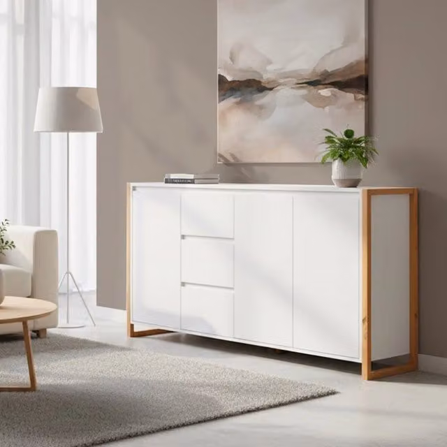 Credenza New Denver3 con 3 cassetti e 3 ante bianco e rovere 160x40x88H