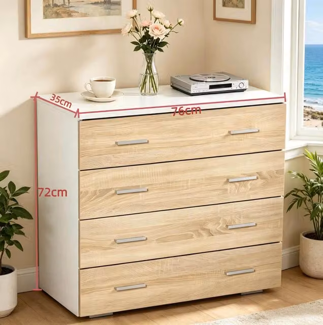 Mobile per soggiorno minimalista con 4 cassetti in truciolare bianco e legno chiaro, 76x35x72 cm