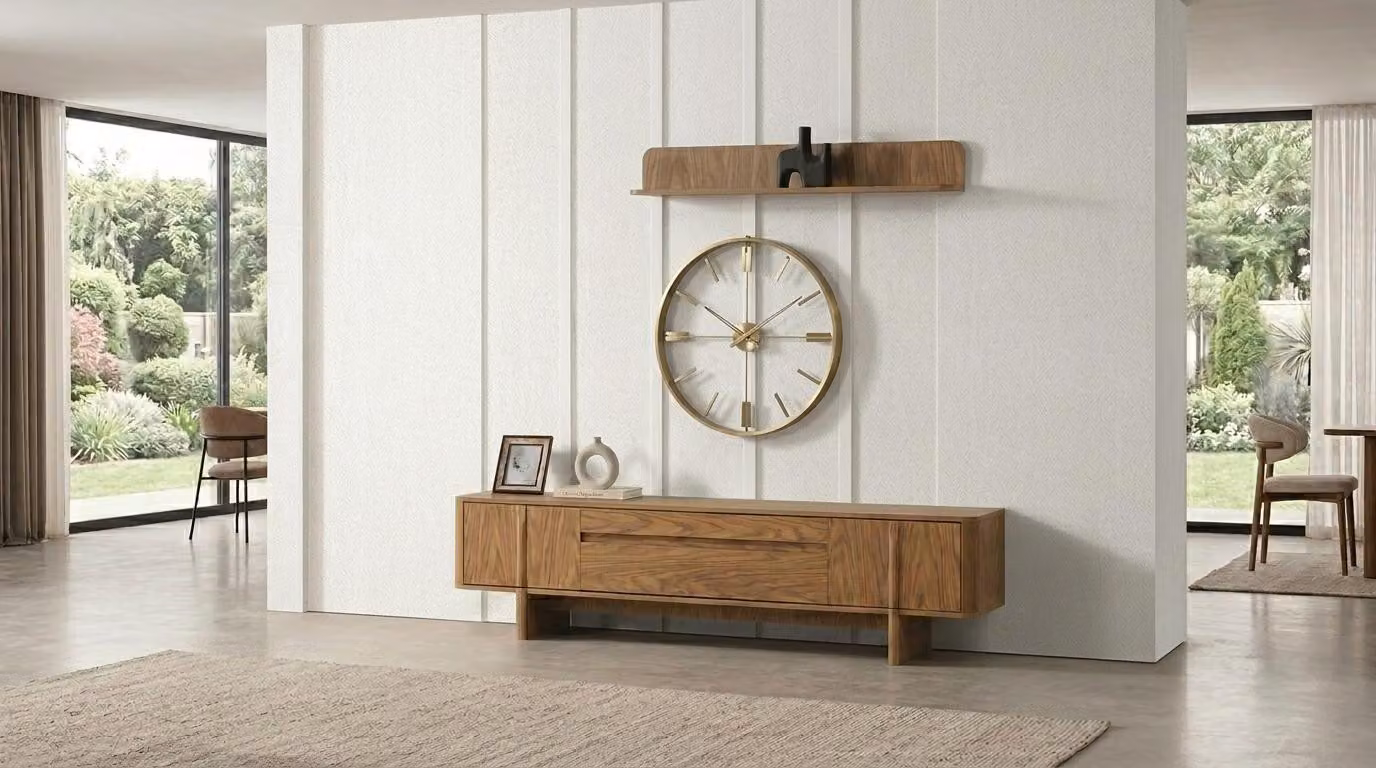 TV board Wandregal Stil modern braun Wohnzimmer bequem praktisch geräumig