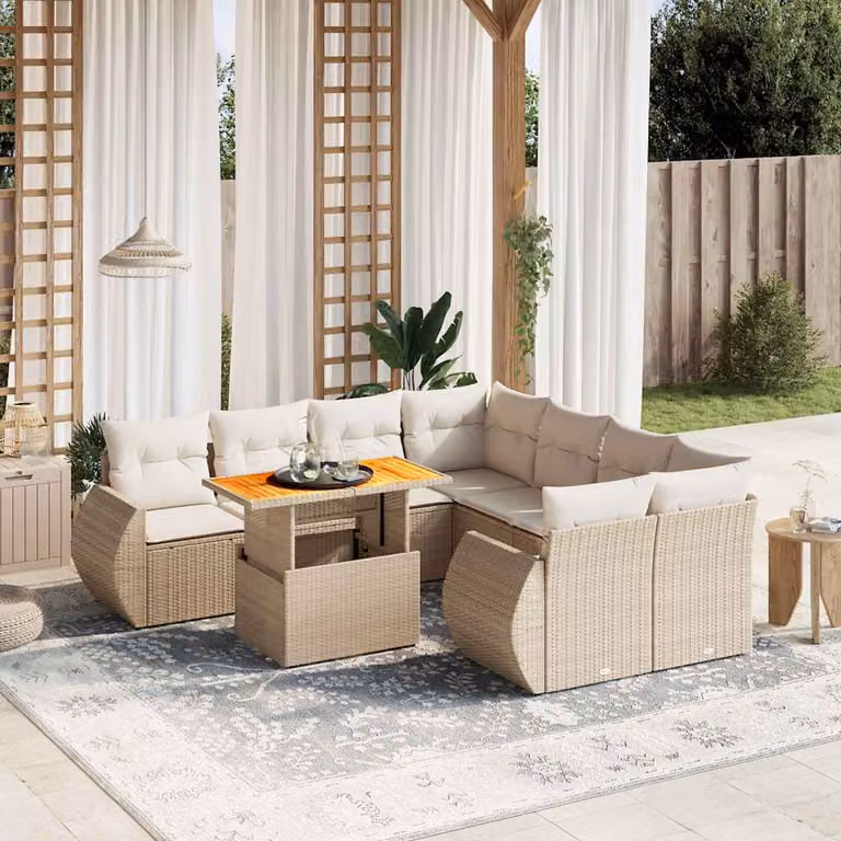 vidaXL Set Divano da Giardino a L in Polyrattan Beige con Cuscini e Tavolino da Esterno