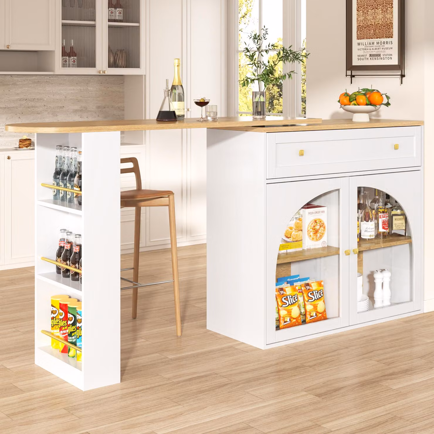 Tavolo bar allungabile con spazio contenitore, bancone da pranzo girevole a 360°, dimensioni 138-204x39x104 cm, isola cucina con ripiani e ante in vetro, colore bianco
