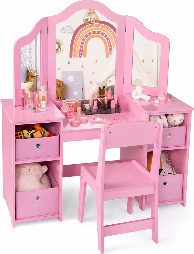 COSTWAY Set tavolo e sedia da trucco per bambini, set da gioco per principesse 2 in 1 con 3 specchi rimovibili, rosa
