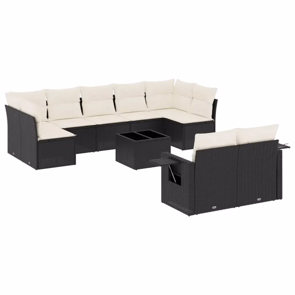 Set di divani da giardino vidaXL a forma di U in polyrattan nero con cuscini e tavolino da esterno – 2