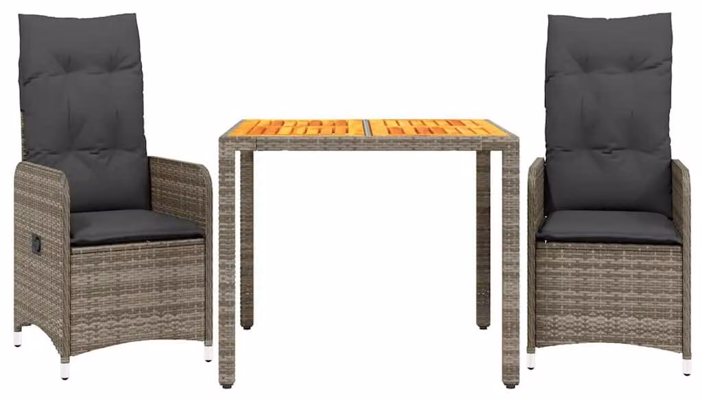 Set da bistrot 3 pezzi, grigio, in rattan sintetico - 2 posti a sedere - Include cuscini
