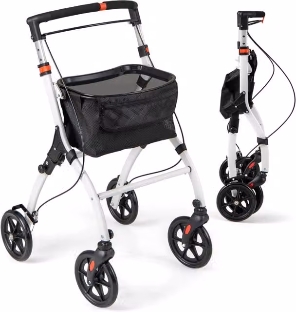 Rollator per anziani con vassoio cesto per la spesa 4 ruote e freni, Deambulatore pieghevole regolabile in altezza Bianco e nero