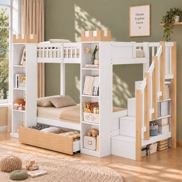 Letto a castello per bambini 90×200 cm e 90×200 cm con scala contenitore e cassetto, senza materasso, bianco
