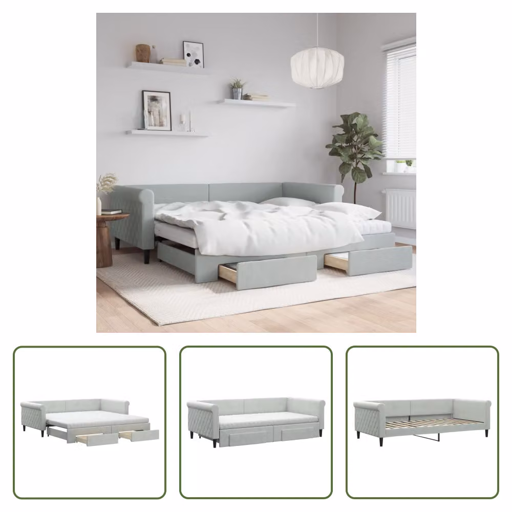 The Living Store Letto da giorno allungabile con cassetti grigio chiaro 100x200 cm in velluto
