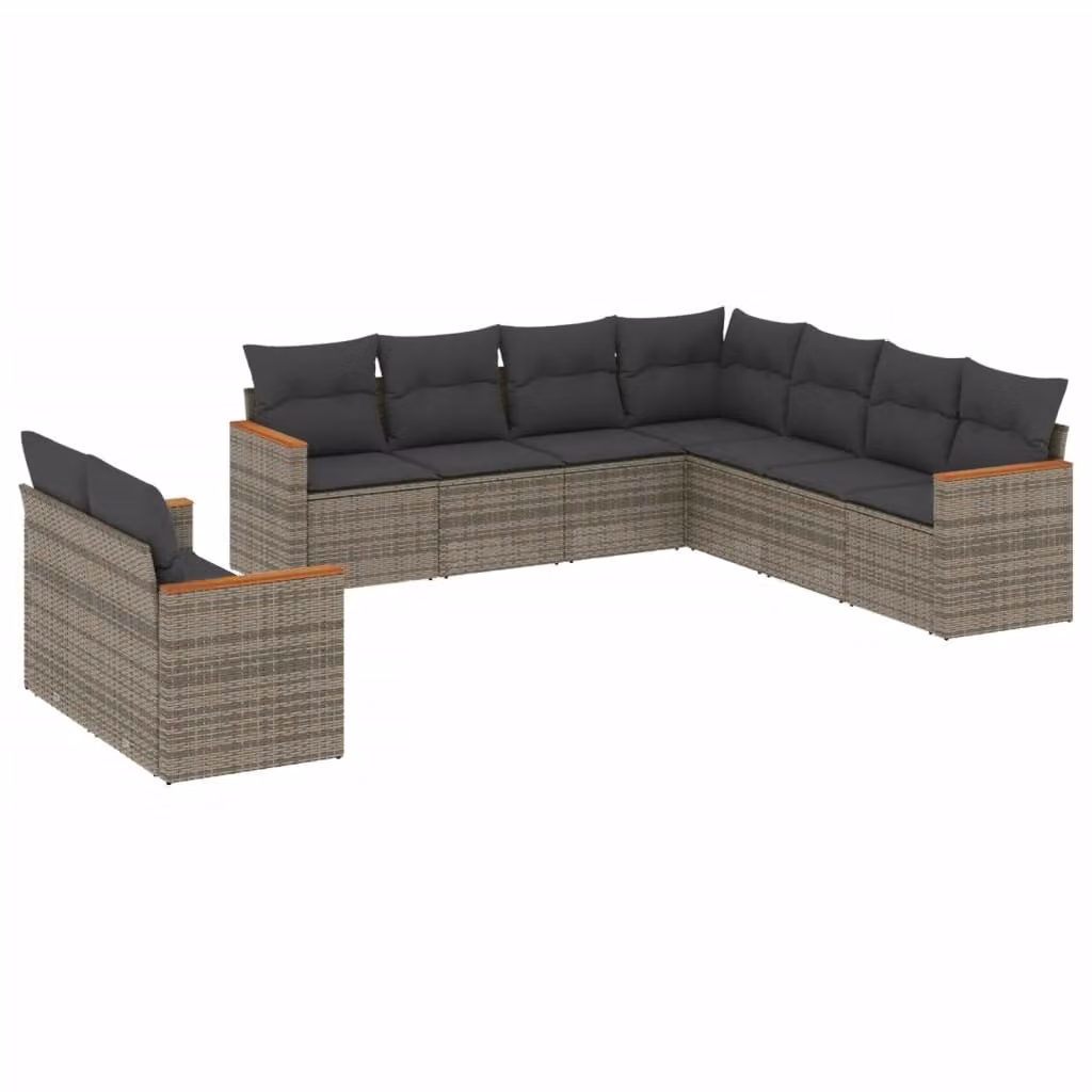 Set Divano da Giardino 9 pz con Cuscini Grigio in Polyrattan