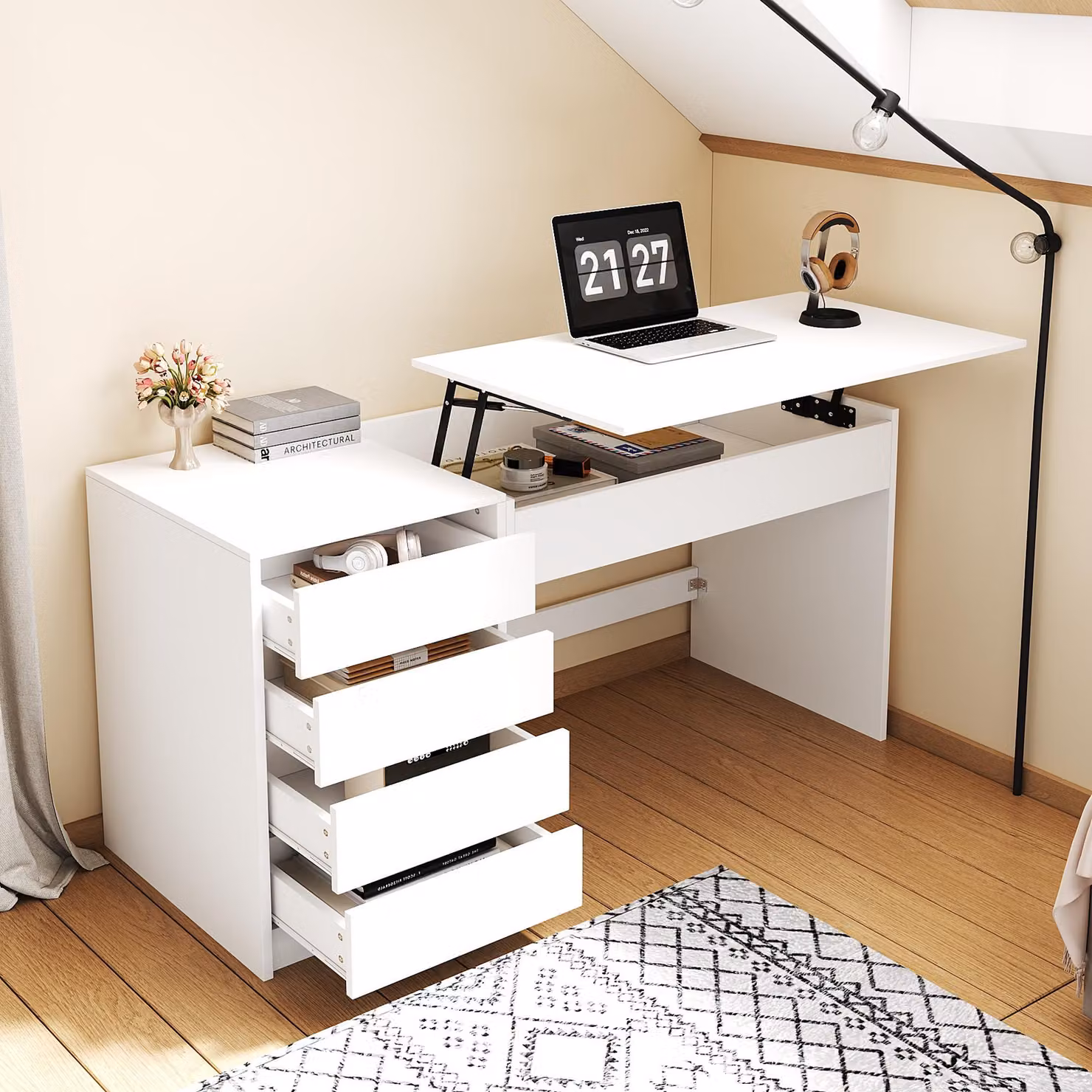 Scrivania Merax con 4 cassetti, scrivania regolabile in altezza con sistema di sollevamento manuale e spazio di archiviazione nascosto, 2-in-1: scrivania da trucco e scrivania per computer, bianca