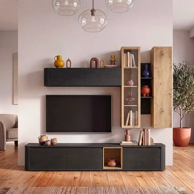 Parete attrezzata soggiorno Core Veriaffari con porta TV, pensili e vetrine in rovere e nero – 1