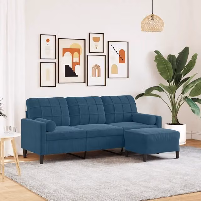 Divano a 3 posti con poggiapiedi blu in velluto vidaXL con struttura in metallo L: 197 cm, P: 80 cm, H: 77 cm