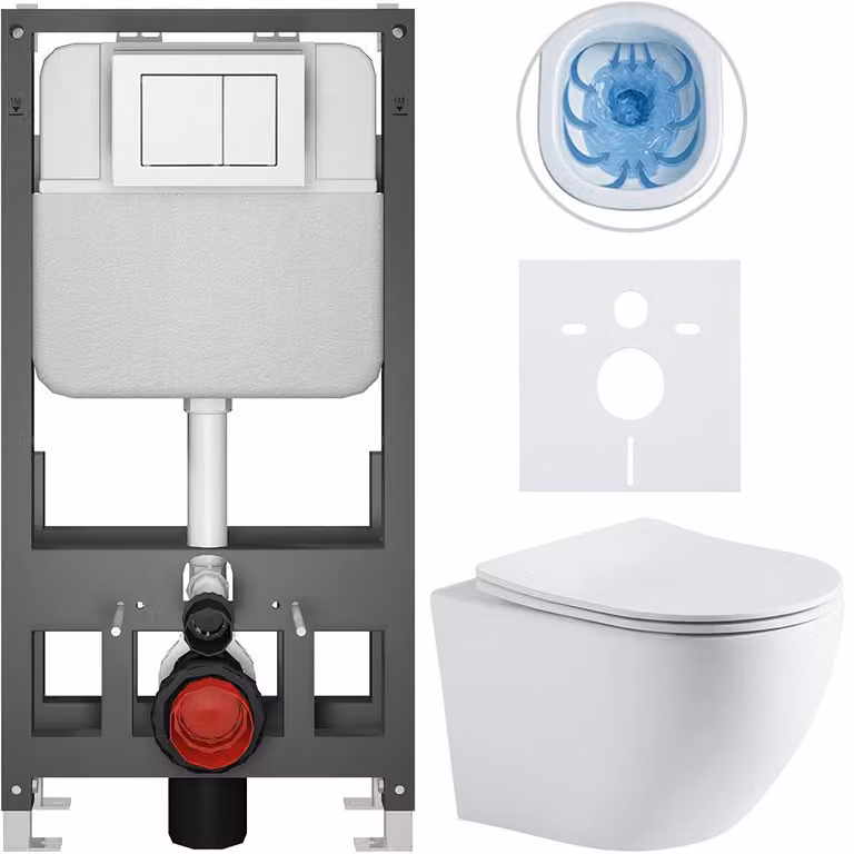 Set completo per WC a pavimento "Cesso" - bianco opaco - pulsante Prime/Maxio, bianco - modello autoportante - installazione a parete/con pannelli di cartongesso - dimensioni 49x36 cm