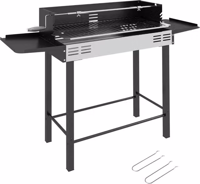 Barbecue a carbone XYLO con spiedo rotante e griglia regolabile in acciaio inox, Nero, L: 118 cm, P: 32 cm, H: 90 cm – 1