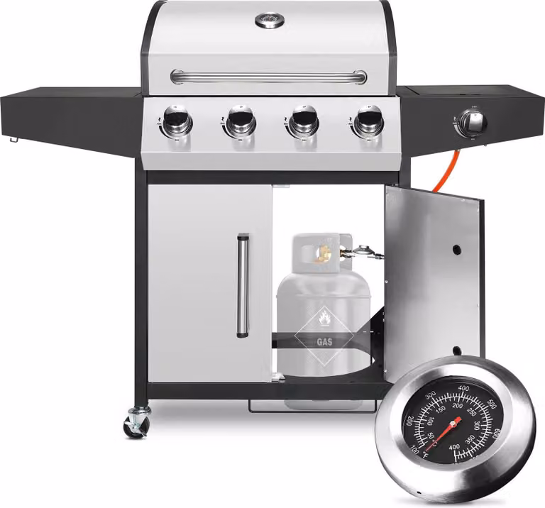 Barbecue a gas - Carrello barbecue 4+1 - Bruciatore laterale - Gas naturale - Acciaio inox - 52.000 BTU - Ampia superficie di griglia - Argento