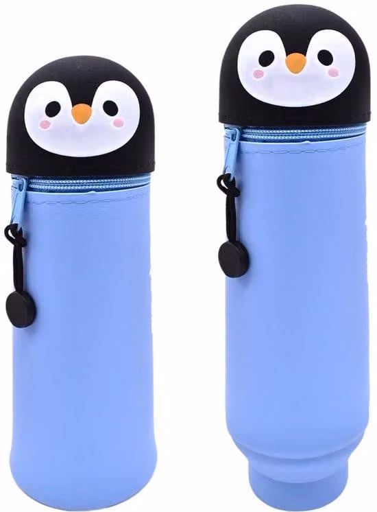 Astuccio in plastica 2 in 1 con supporto da scrivania, blu, con motivo pinguino