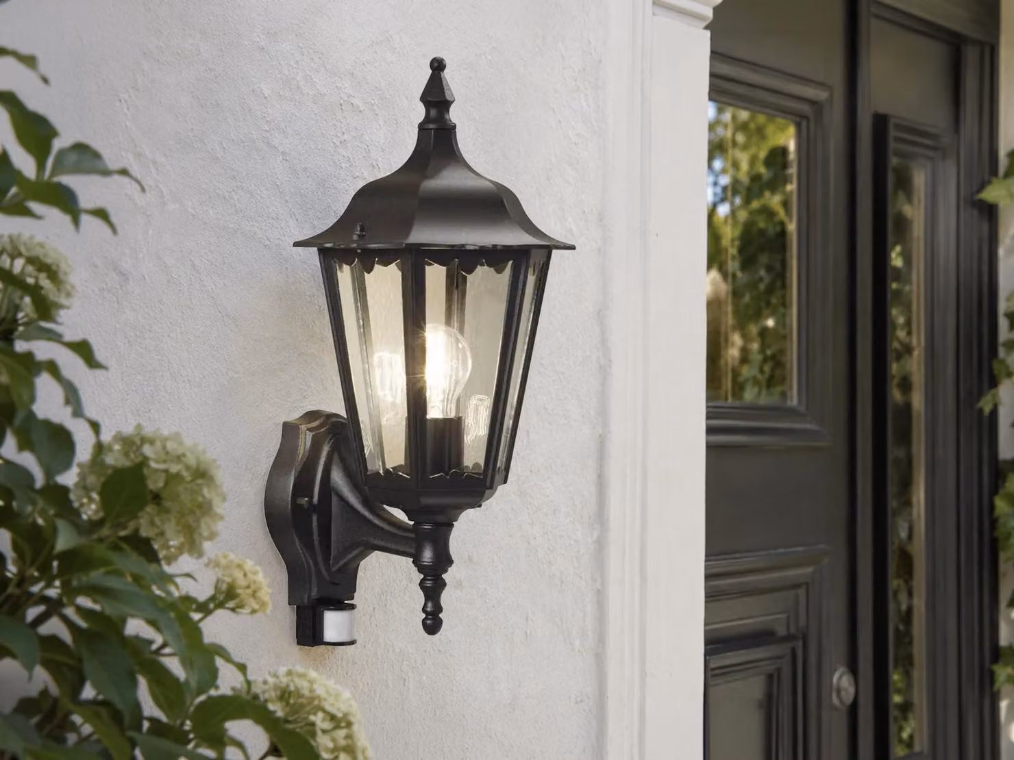 Lampada da esterno a LED con sensore di movimento, grande lanterna da parete nera, altezza 48 cm
