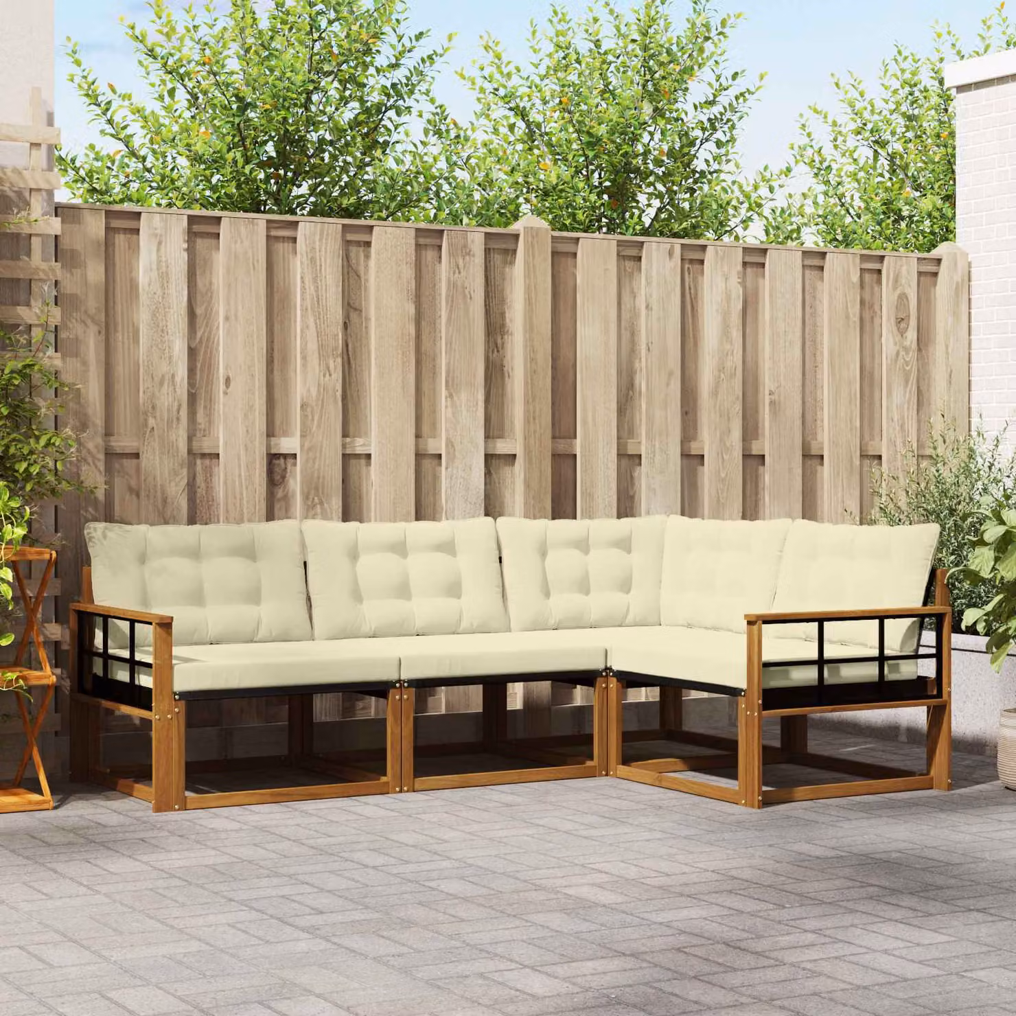 Set di divani da esterno vidaXL 4 pz in legno di acacia con sedute in textilene beige e bianco per giardino e terrazza