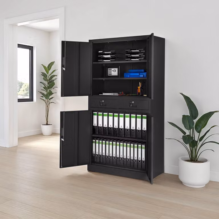 Armadio metallico Tectake nero con ante a battente, cassetti interni e serratura, H 180 x L 80 x P 40 cm