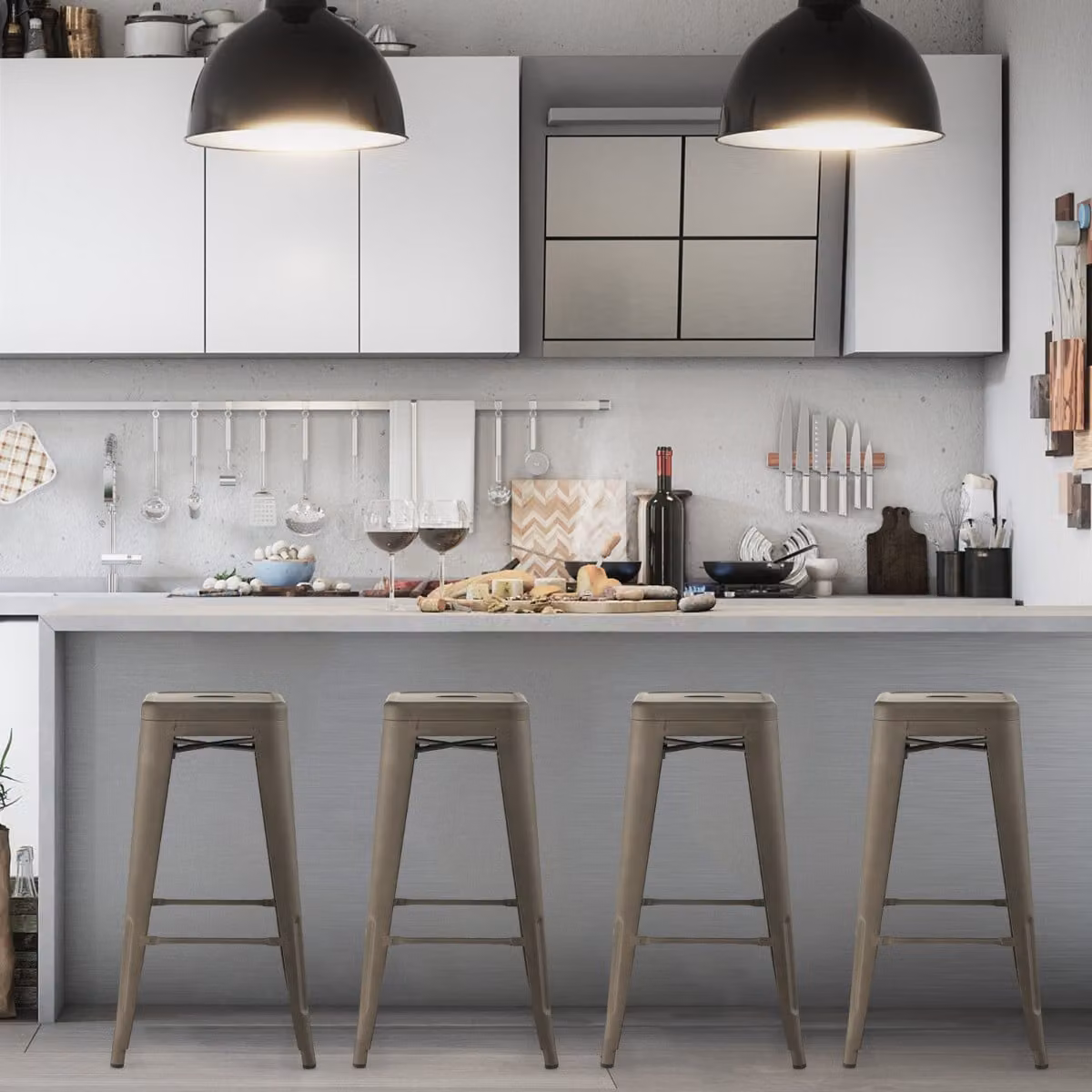Set di 4 sgabelli da bar impilabili Costway in metallo con poggiapiedi, colore bronzo antico, Altezza: 76 cm