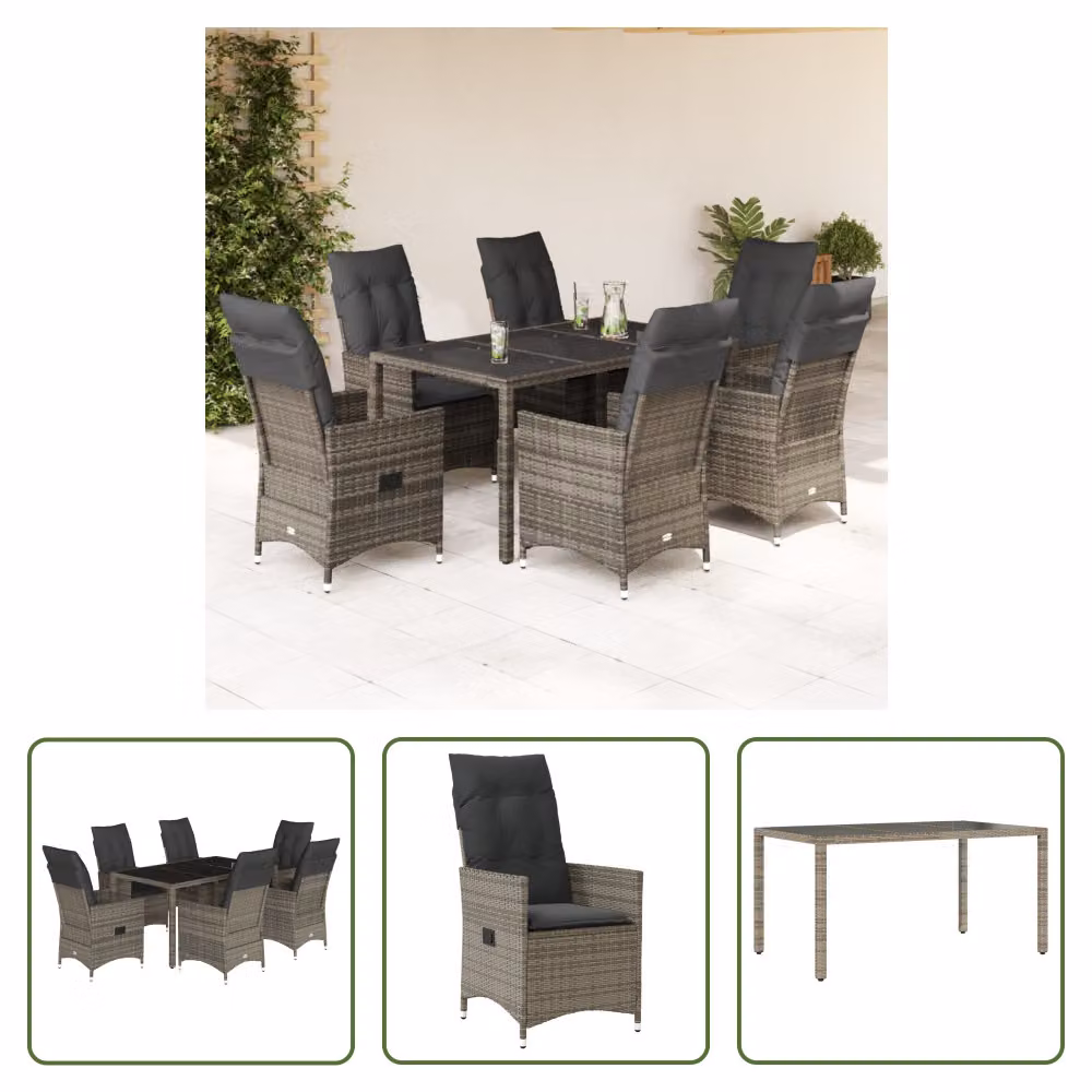 The Living Store Set da pranzo da giardino 7 pezzi con cuscini in poly rattan grigio