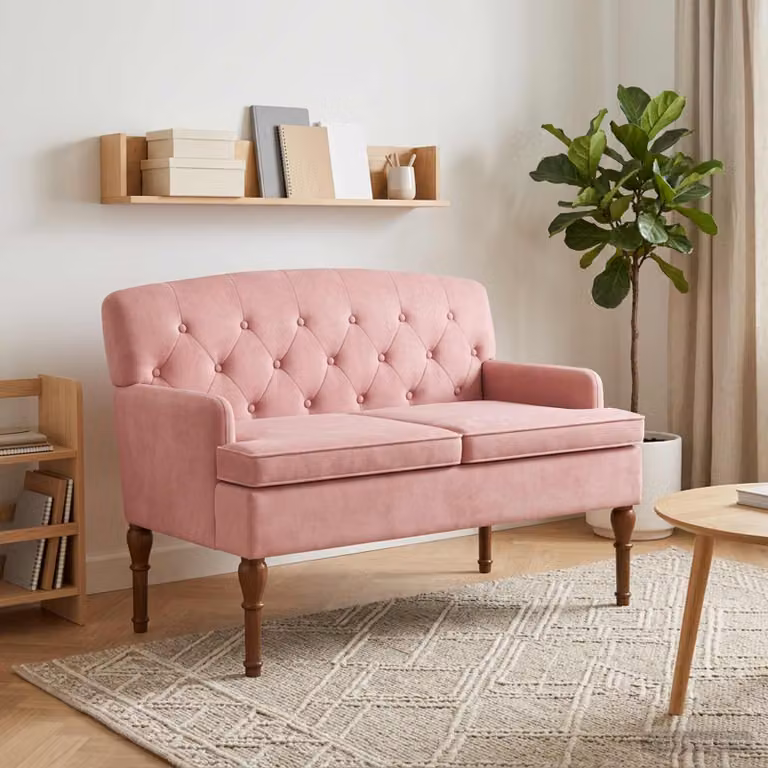Loveseat vidaXL in velluto rosa con bottoni imbottiti, L: 111 cm, P: 65 cm, H: 79 cm