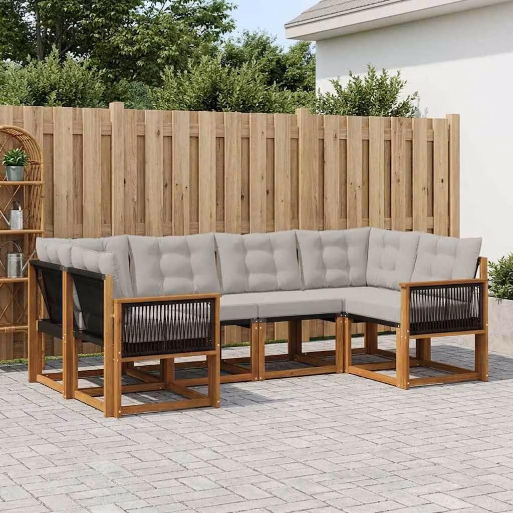 Set di divani da esterno vidaXL 6 pz in legno di acacia con cuscini, colore naturale e grigio chiaro