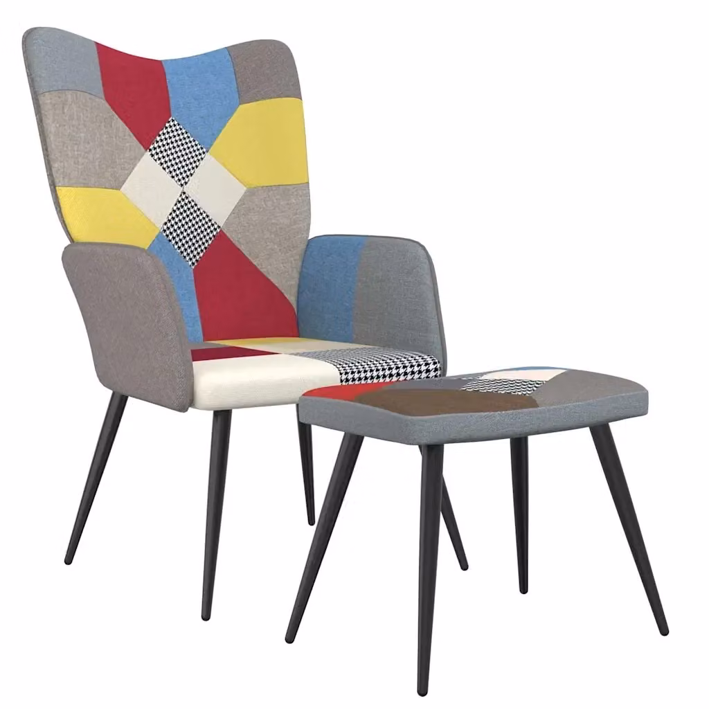 Divano Sedia-Poltrona Relax con Poggiapiedi in Tessuto Patchwork Multicolore Design Moderno con Struttura in Metallo – 2