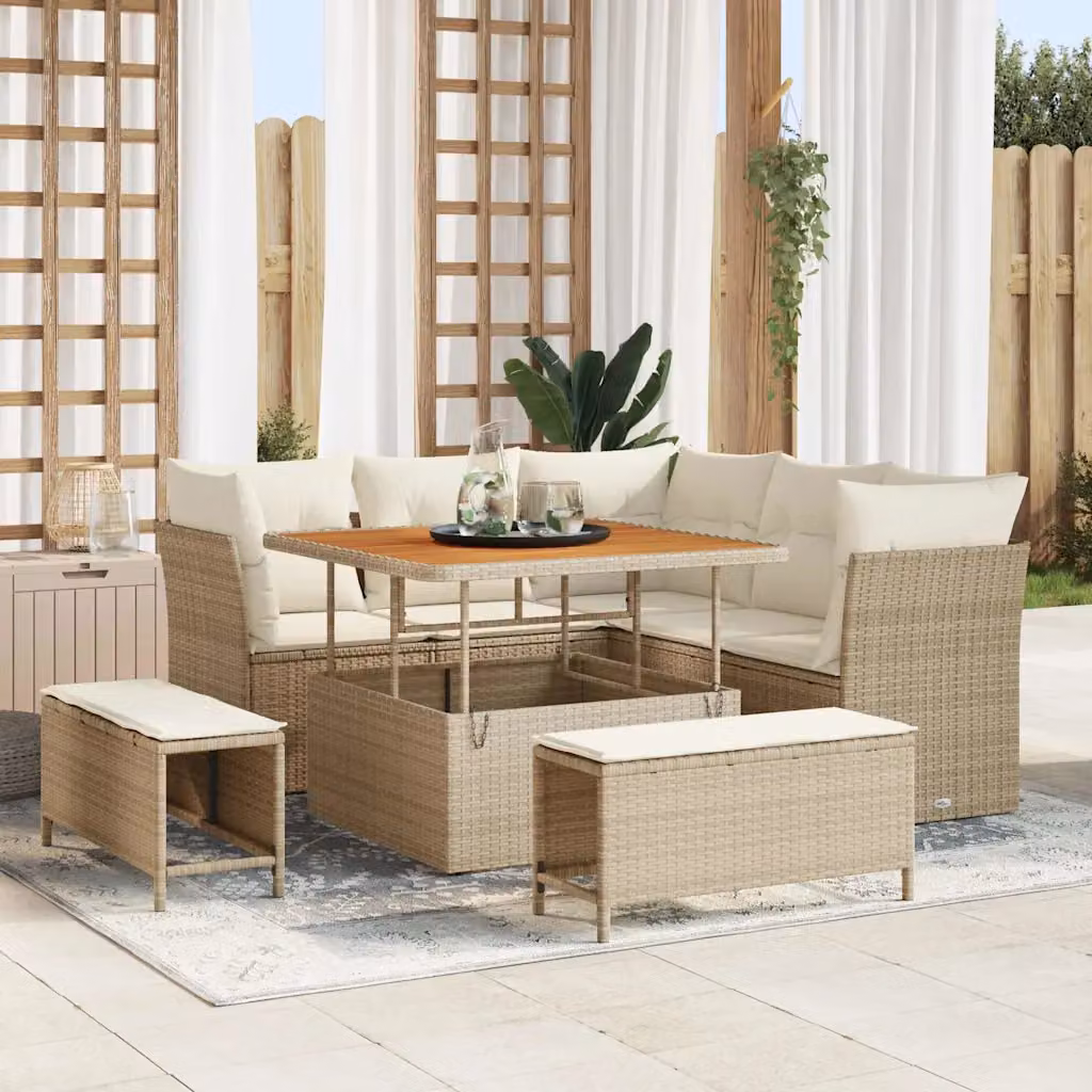 Set Divano da Giardino vidaXL 8 Pezzi a Forma di L con Tavolino e Pouf Beige e Bianco – 1
