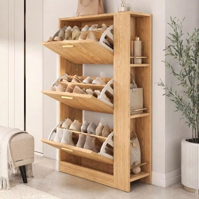 Scarpiera in MDF a 3 ante con ripiani aperti; 70x23;5x115 cm; naturale