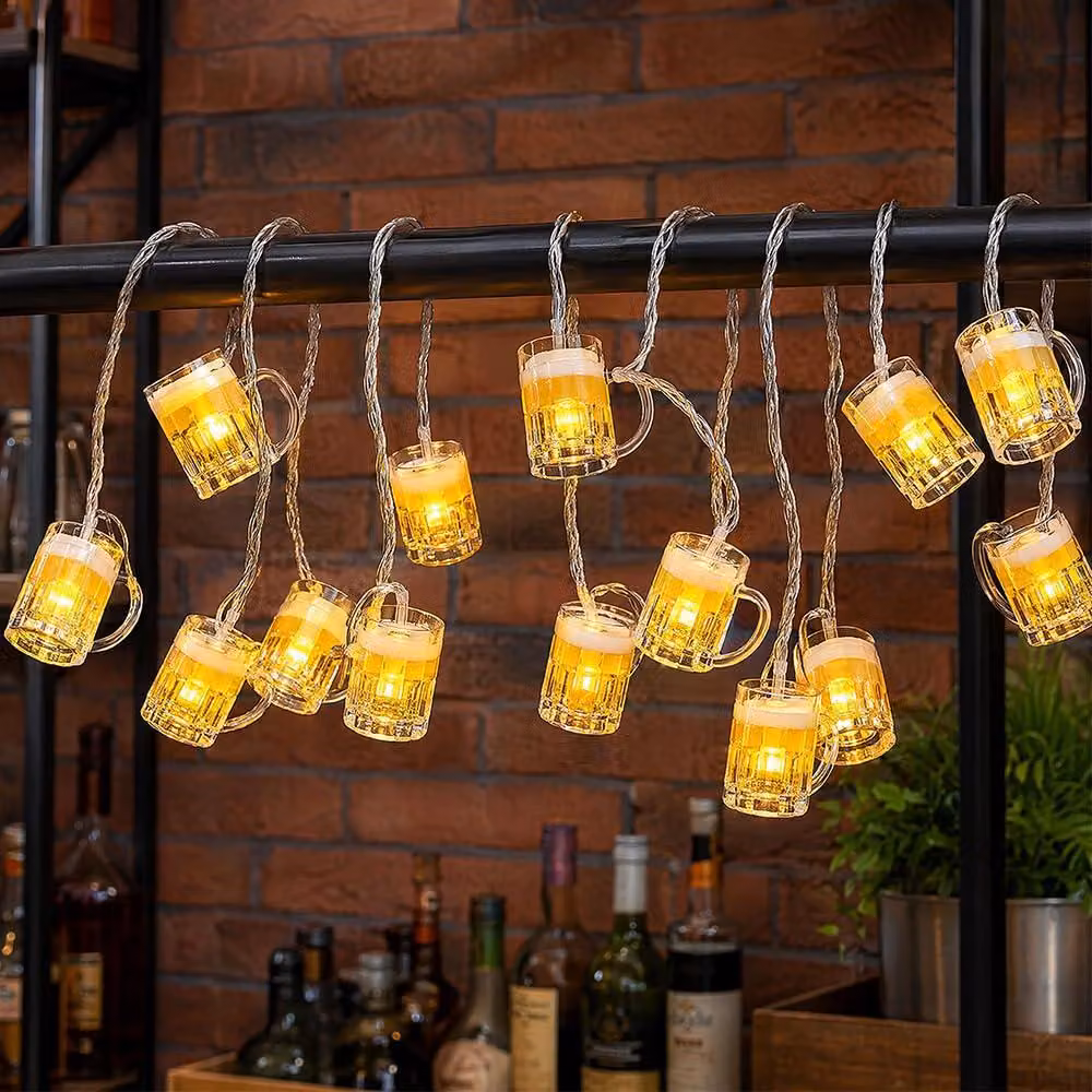Catena luminosa a LED, lunghezza 3 metri, 20 lampadine a forma di boccale di birra, alimentazione a batteria