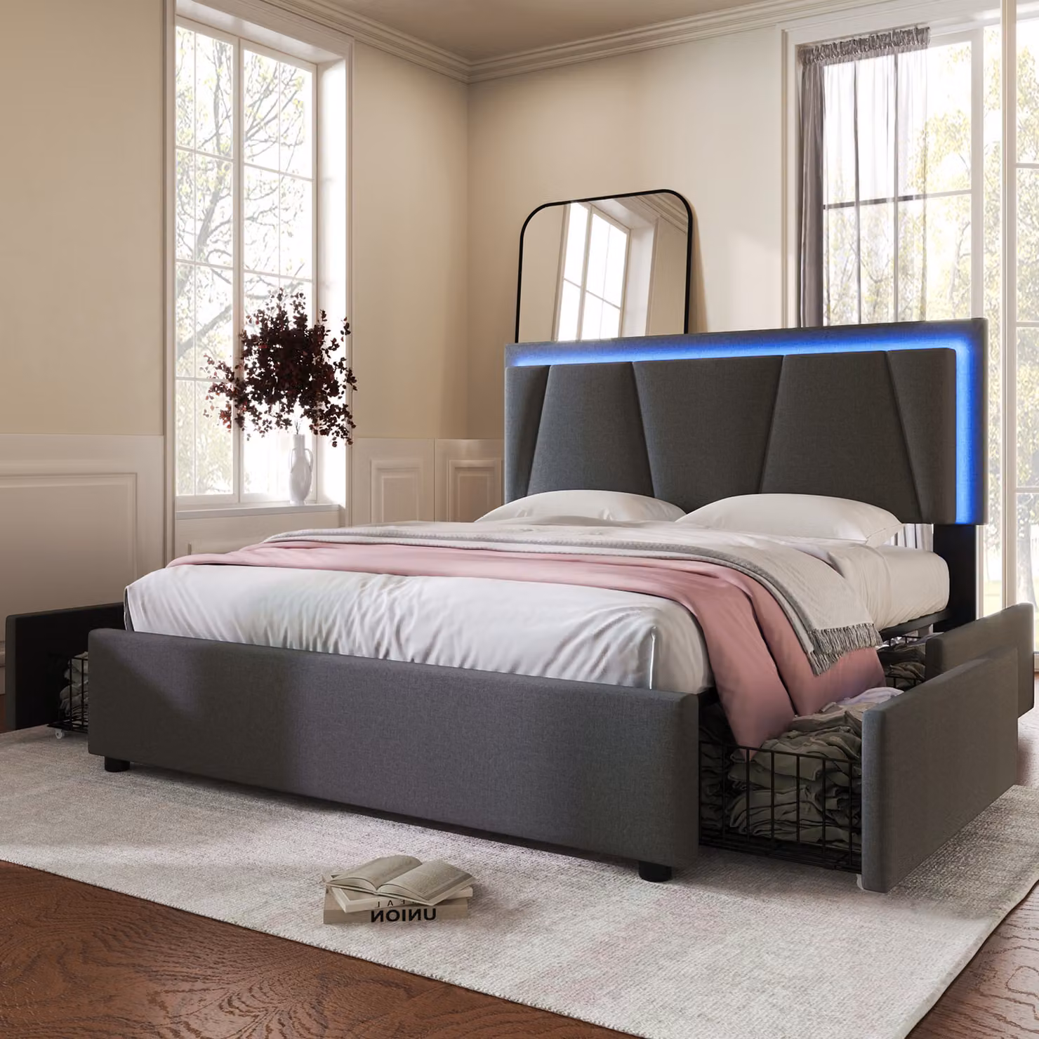 Letto imbottito Flieks 140x200cm con 4 cassetti, letto giovanile letto matrimoniale con rete a doghe, letto contenitore letto in legno con LED, lino, grigio