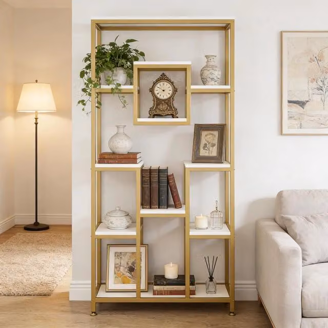 Libreria Geometrica REDOM con 11 ripiani aperti in metallo e legno, design moderno oro e bianco