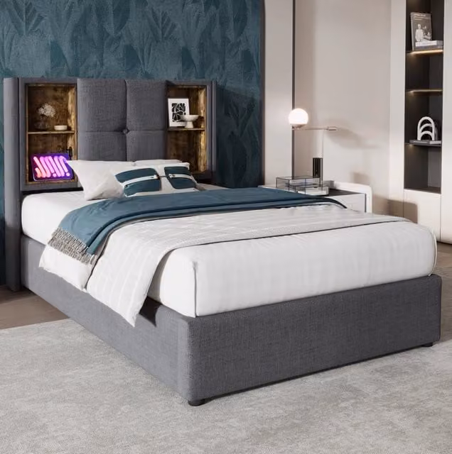 Letto singolo 90x200 cm con contenitore; ricarica wireless e porta USB C; cotone grigio