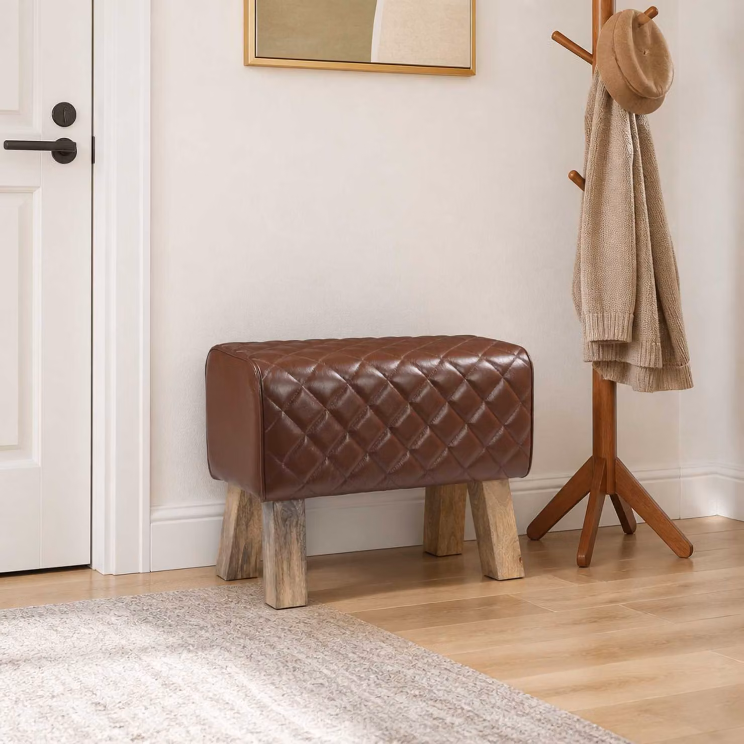 Panca vidaXL in vera pelle marrone e legno di mango, L 60 x P 30 x H 45 cm