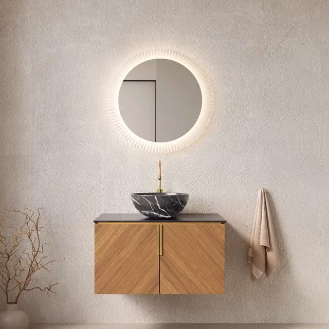 Sospensione da parete 76 cm per bagno con lavabo in ceramica nero motivo pietra, top in sinterstone nero, mobile in compensato 2 porte colore rovere marrone
