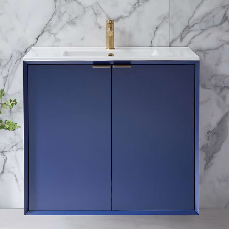 Mobile Bagno Sospeso Blu Marino 810mm con Lavabo e Maniglie con Impugnatura a Dito in Oro Satinato - Edge