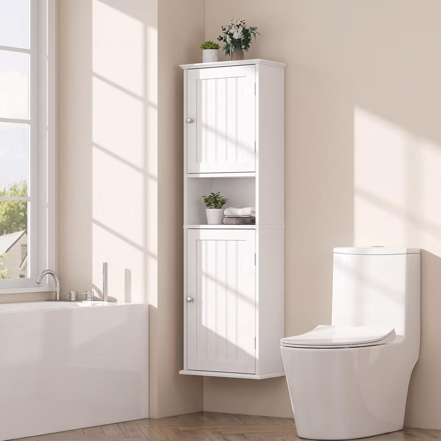 Costway Mobile bagno da parete con 2 armadietti e 1 scomparto aperto, Colonna salvaspazio e moderna in legno per soggiorno e cucina