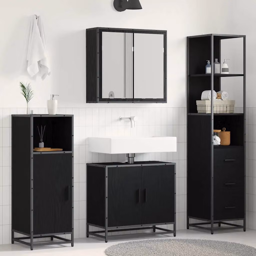 Set di mobili per il bagno moderno vidaXL in 3 pezzi, Rovere e Nero, con mobile sottolavabo e armadietto con specchio, L/P/H: 166 x 62,08 x 65 cm – 1