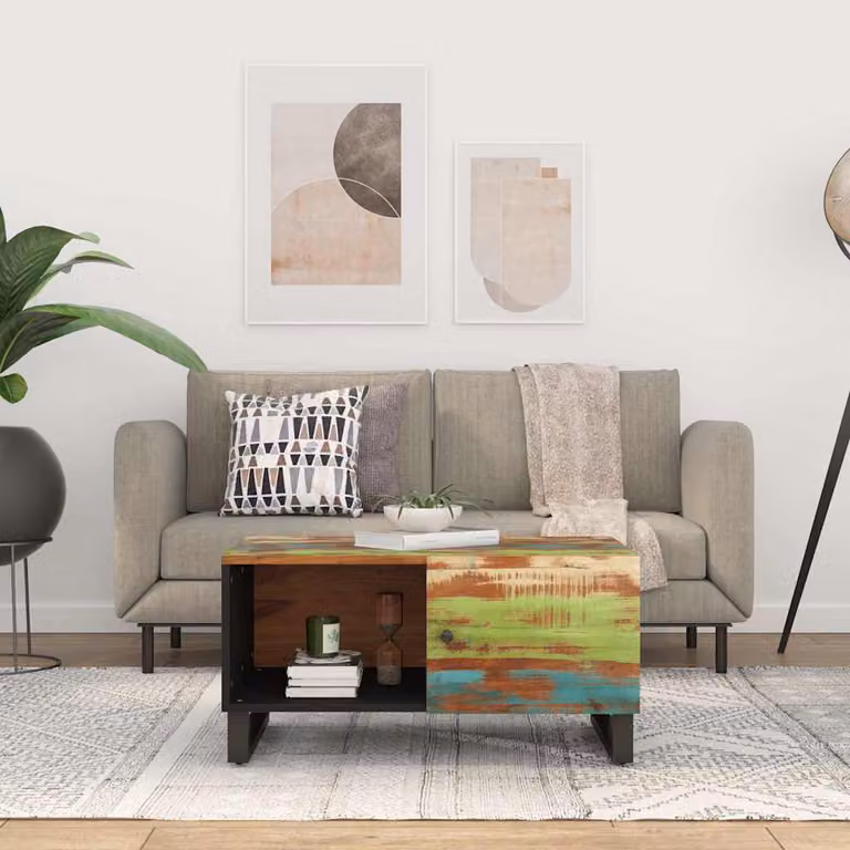 Tavolino da soggiorno vidaXL in legno massello recuperato e multistrato, stile industriale, marrone, L: 80 cm, P: 50 cm, H: 40 cm