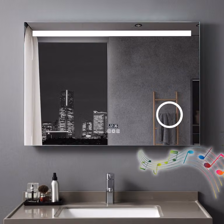 Specchio da bagno con illuminazione a LED, dimensioni 120x80 cm, 3 colori di luce regolabili, Bluetooth, presa di corrente, orologio