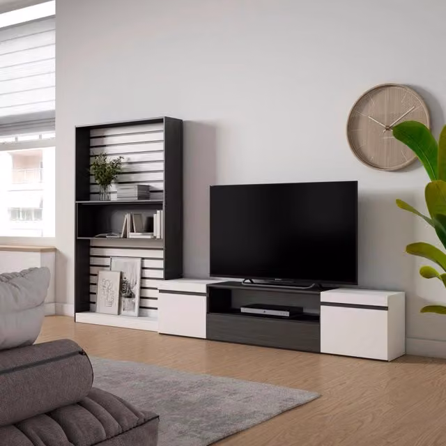 Mobile TV, Soggiorno, 310x35x186cm, Per TV fino a 80", Set di mobili, Bianco e nero RF2842