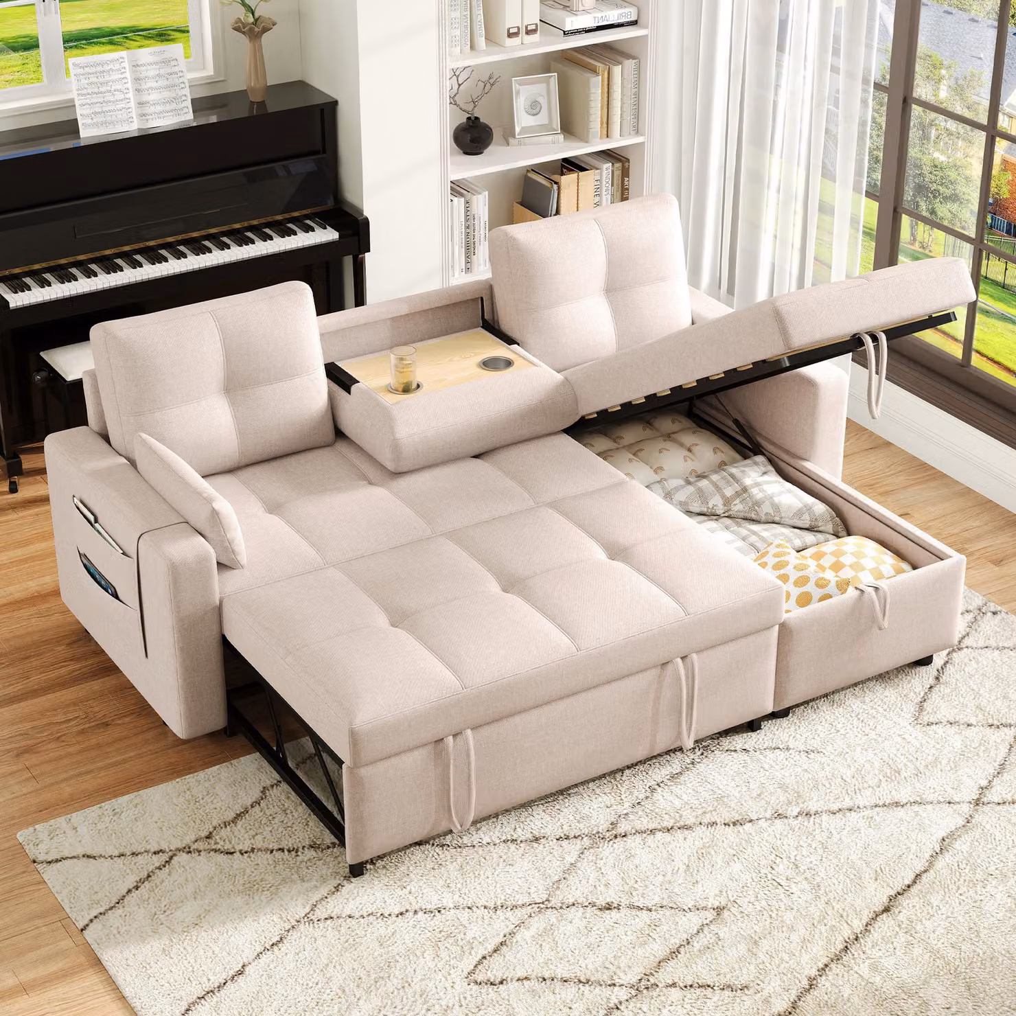 Divano angolare Merax, divano letto a L con funzione letto, box letto, cuscini, tasche laterali, portabicchieri estraibile, divano letto in lino, beige