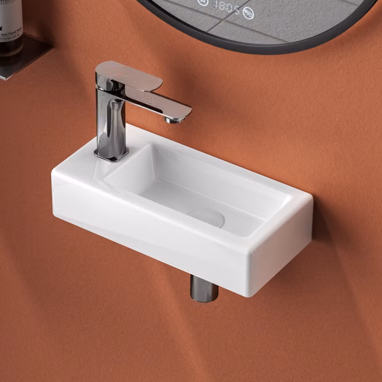 EMKE Lavabo a parete in Vetroceramica 36,5×18×9 cm - Quadrato bianco lucido con foro per rubinetto corto