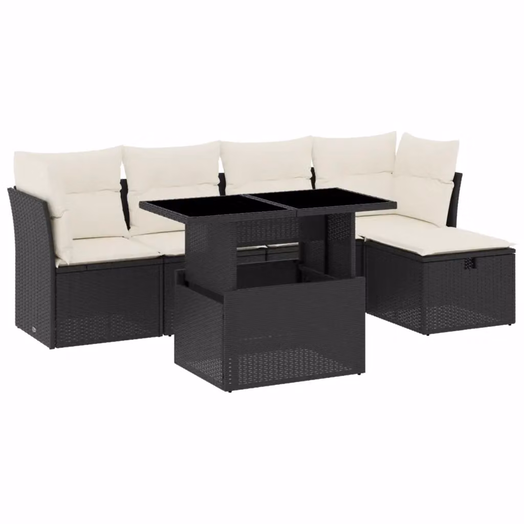 Set Divano da Giardino a L vidaXL 6 pz con Cuscini e Tavolino, Nero e Bianco, in Polyrattan con Struttura in Acciaio Verniciato a Polvere – 2