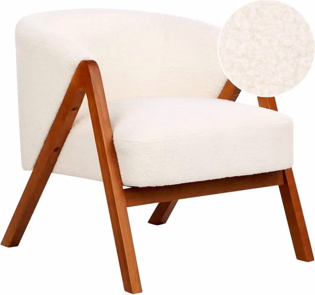 Poltrona da soggiorno Beliani in tessuto bouclé bianco con design capitonné e gambe in legno di gomma L: 66 cm, P: 67 cm, H: 69 cm