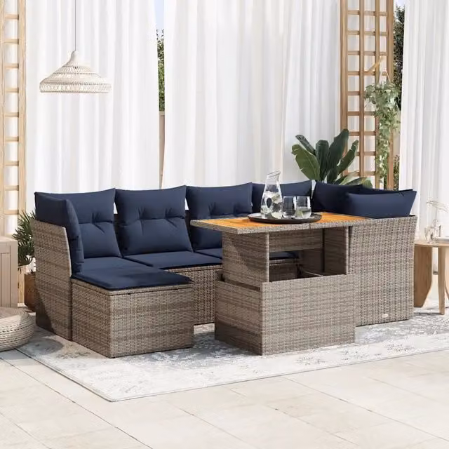 Set da giardino vidaXL composto da 7 pezzi con cuscini grigi e blu in rattan e struttura in acciaio rivestito in polvere – 1