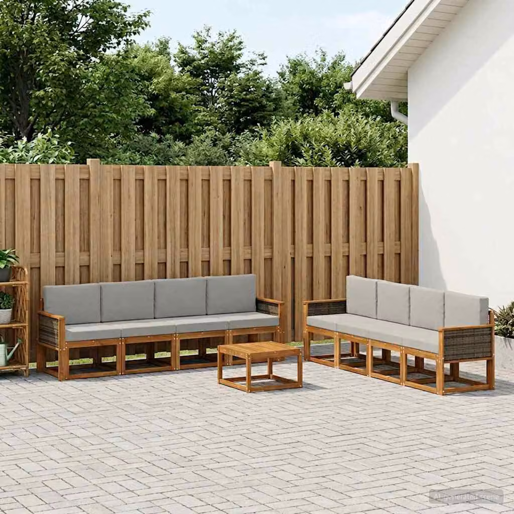vidaXL Set di divani da esterno 9 pz in legno di acacia con cuscini, Naturale e Grigio Chiaro