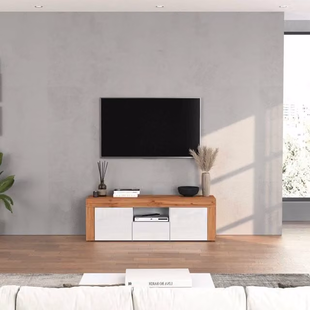 WHOUS Mobile porta tv Chronos a 2 ante e 1 cassetto bianco lucido e rovere 155x40x51 cm